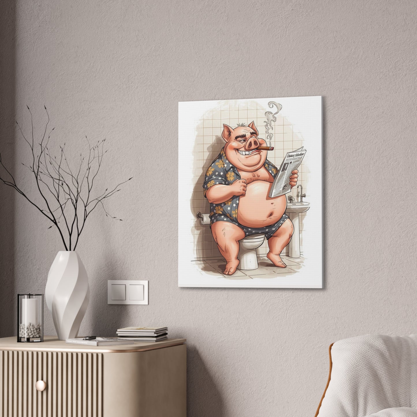 Oinker Reading the Paper -Canvas Stretched, 0.75" - Wall Art 2026 - Bathroom Humor