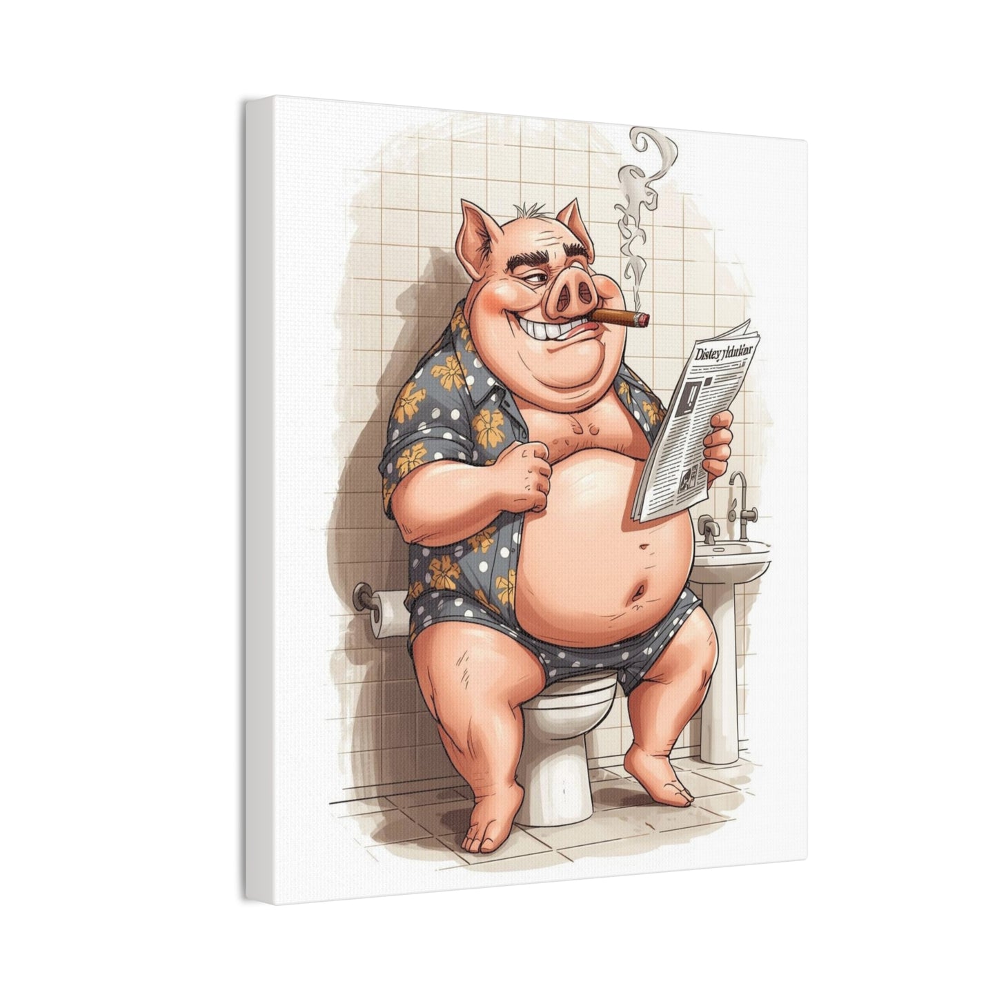 Oinker Reading the Paper -Canvas Stretched, 0.75" - Wall Art 2026 - Bathroom Humor