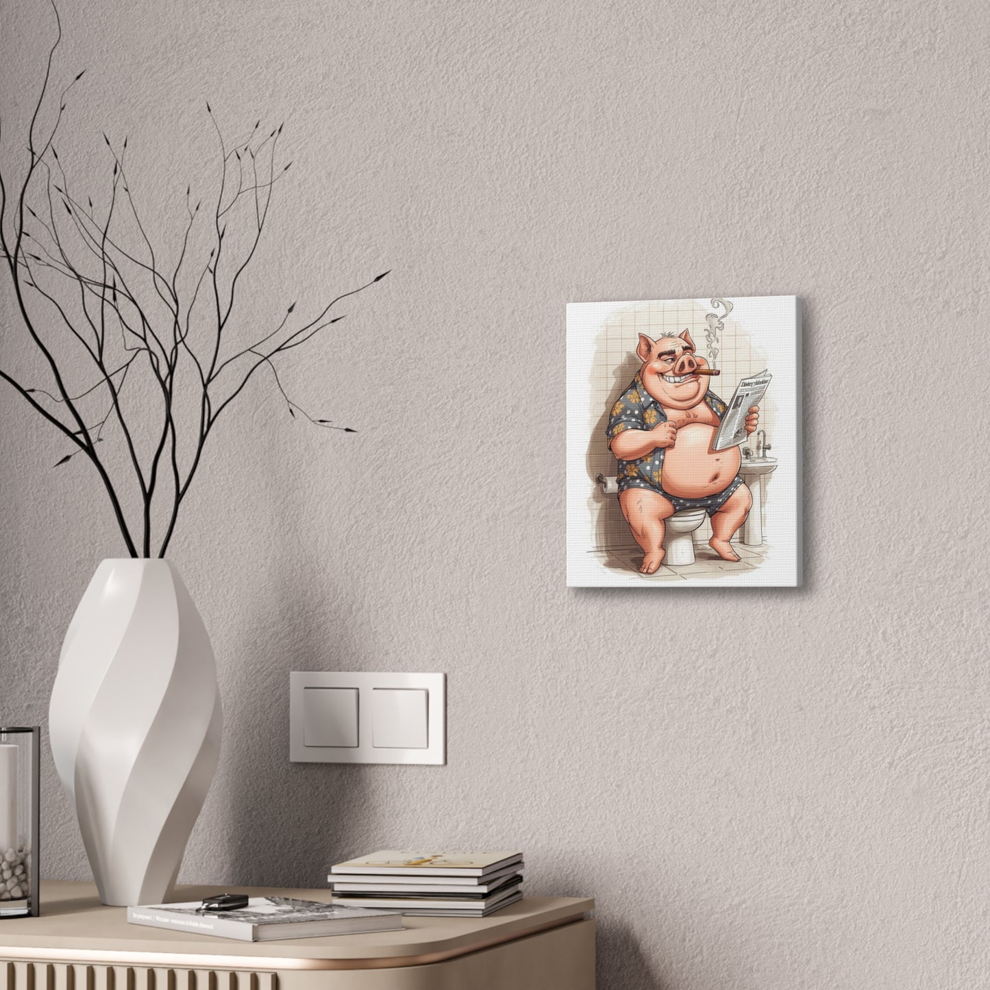 Oinker Reading the Paper -Canvas Stretched, 0.75" - Wall Art 2026 - Bathroom Humor