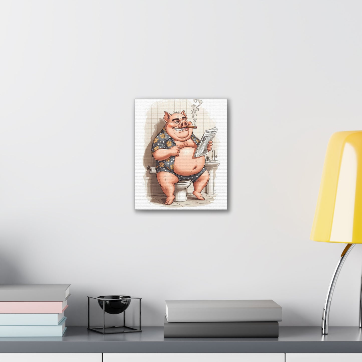 Oinker Reading the Paper -Canvas Stretched, 0.75" - Wall Art 2026 - Bathroom Humor