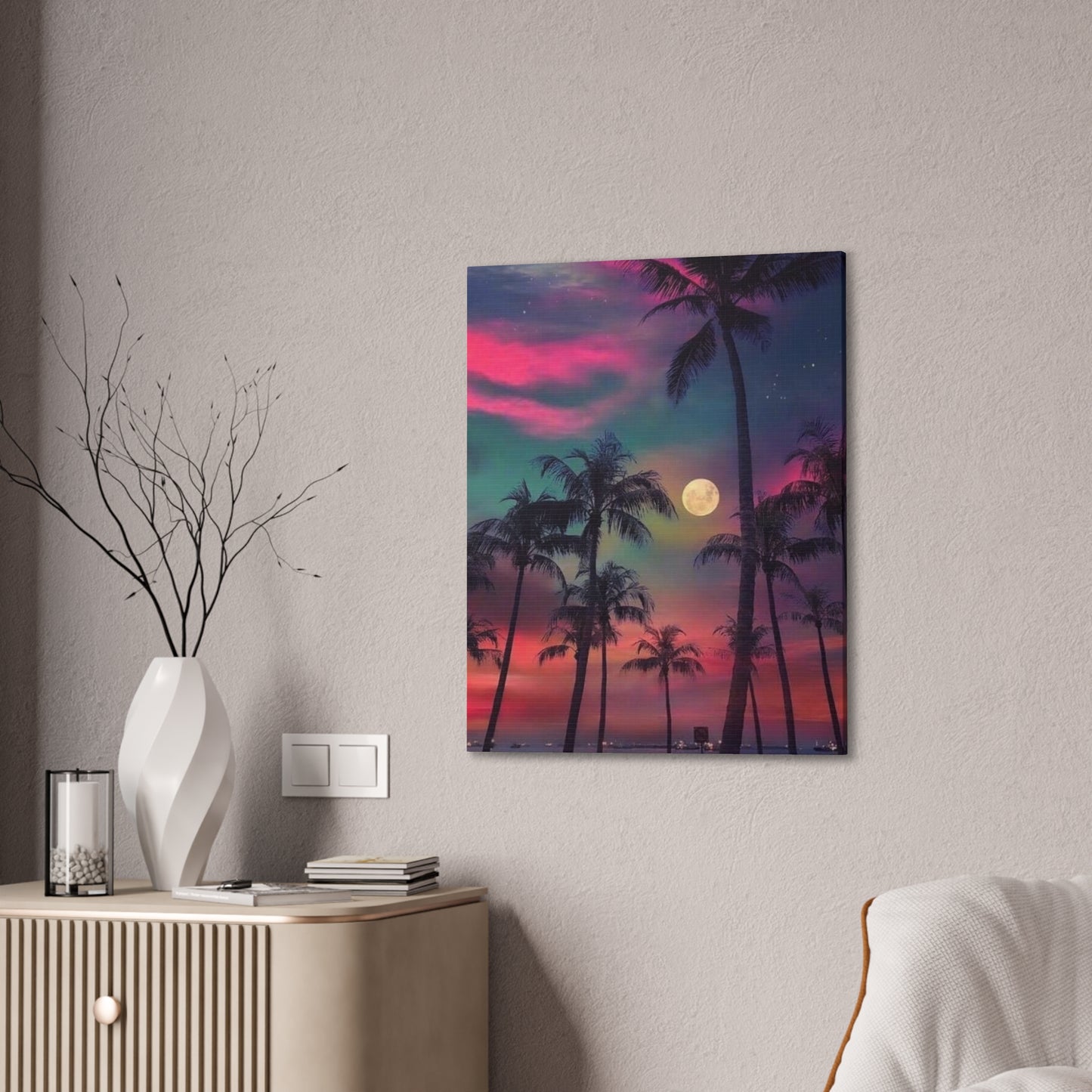 Moon Rise Palms - Canvas Stretched, 0.75"