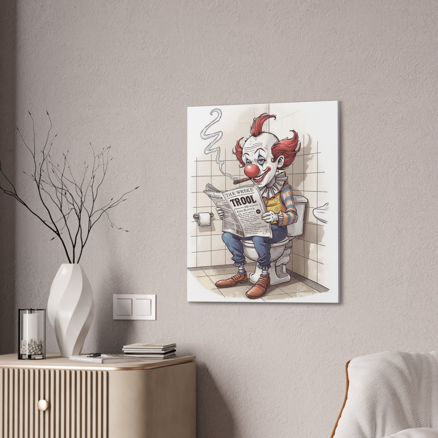 Clown Reading the Paper - Canvas Stretched, 0.75" - Wall Art 2026 - Bathroom Humor