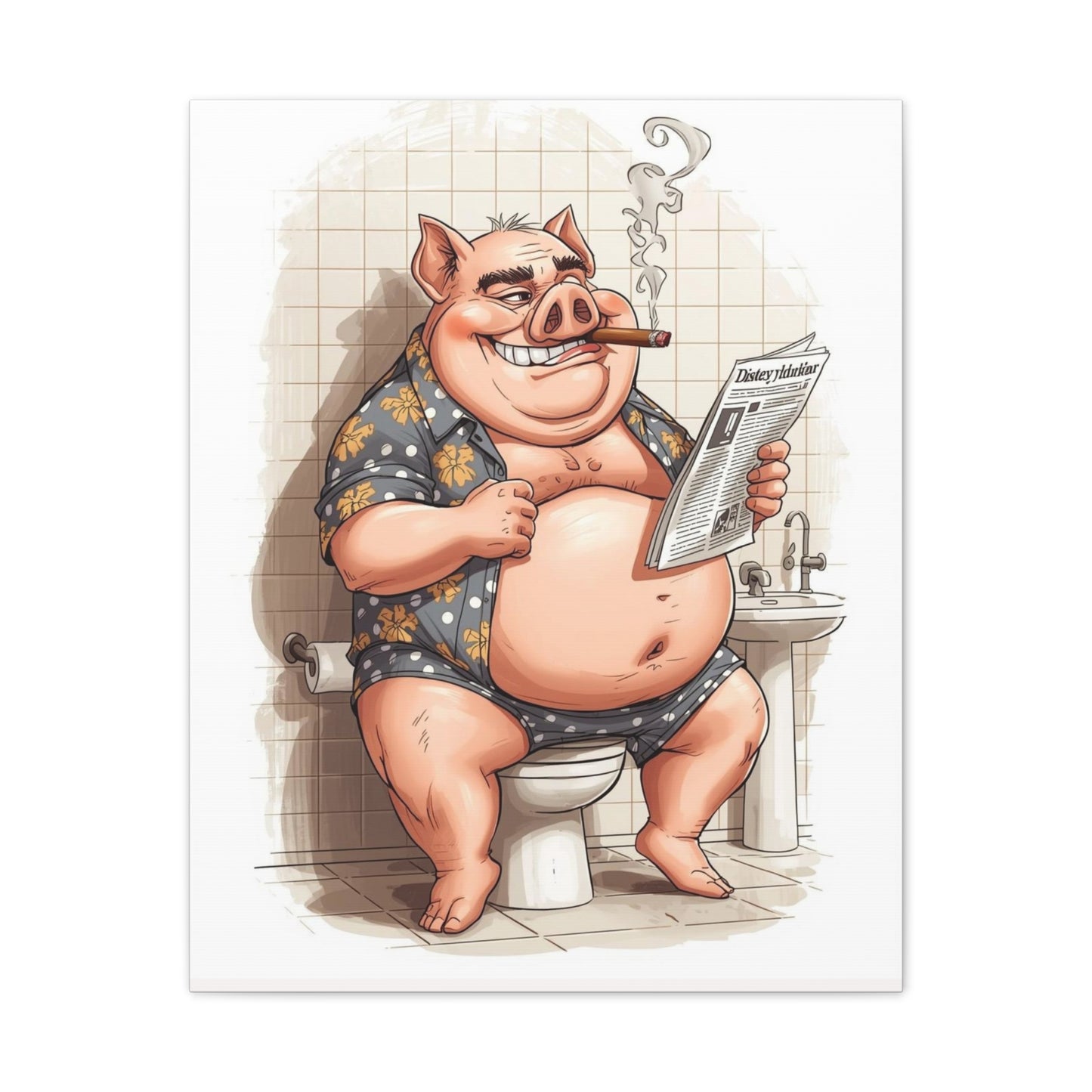 Oinker Reading the Paper -Canvas Stretched, 0.75" - Wall Art 2026 - Bathroom Humor