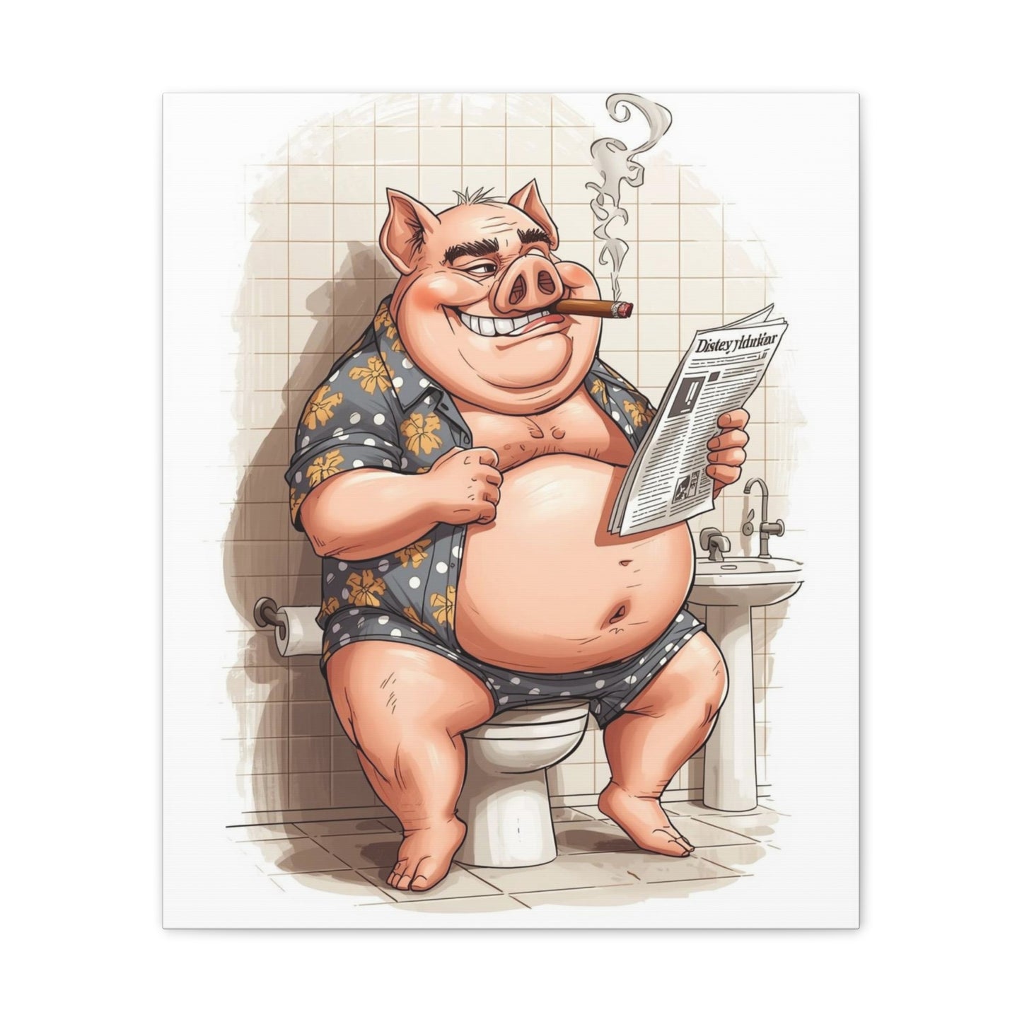 Oinker Reading the Paper -Canvas Stretched, 0.75" - Wall Art 2026 - Bathroom Humor