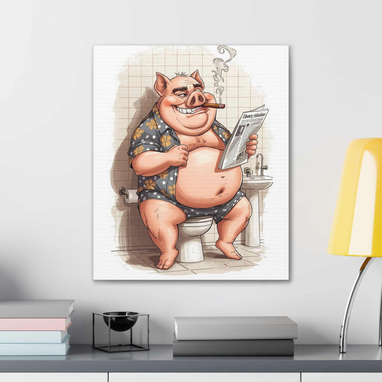 Oinker Reading the Paper -Canvas Stretched, 0.75" - Wall Art 2026 - Bathroom Humor