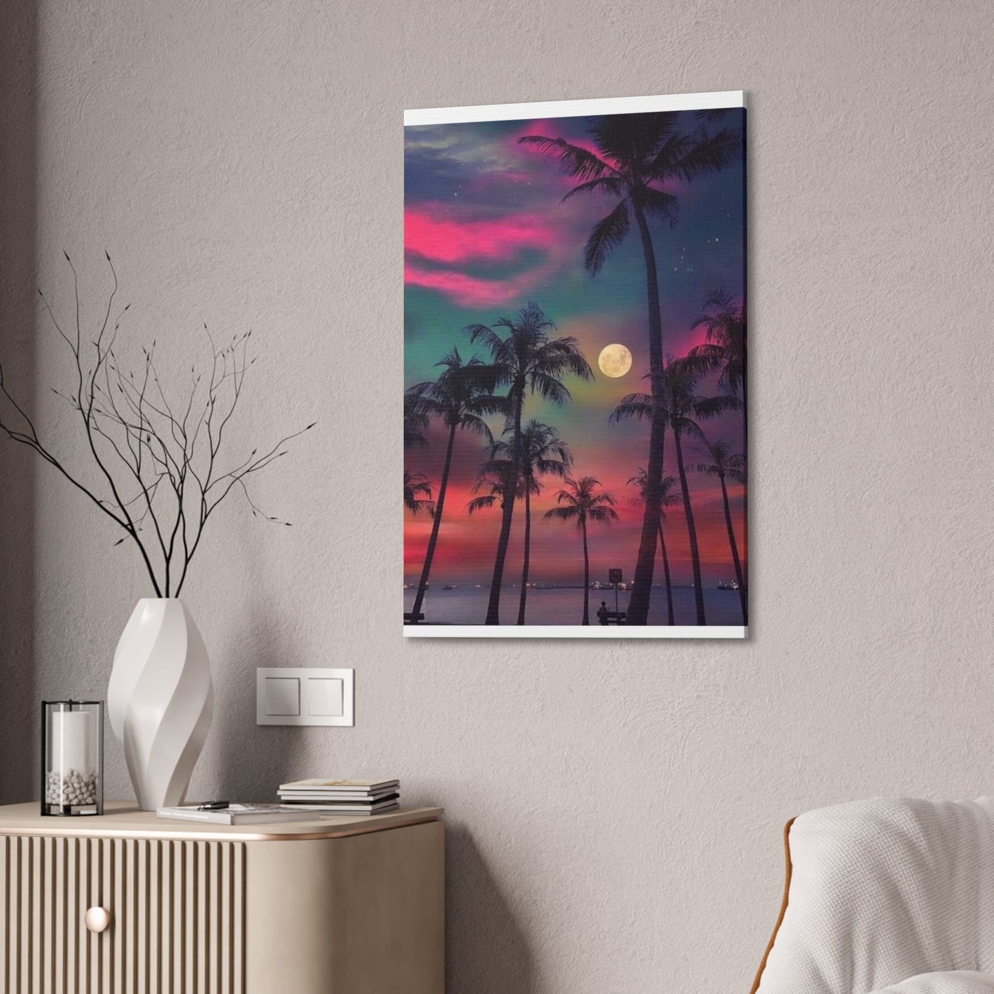 Moon Rise Palms - Canvas Stretched, 0.75"