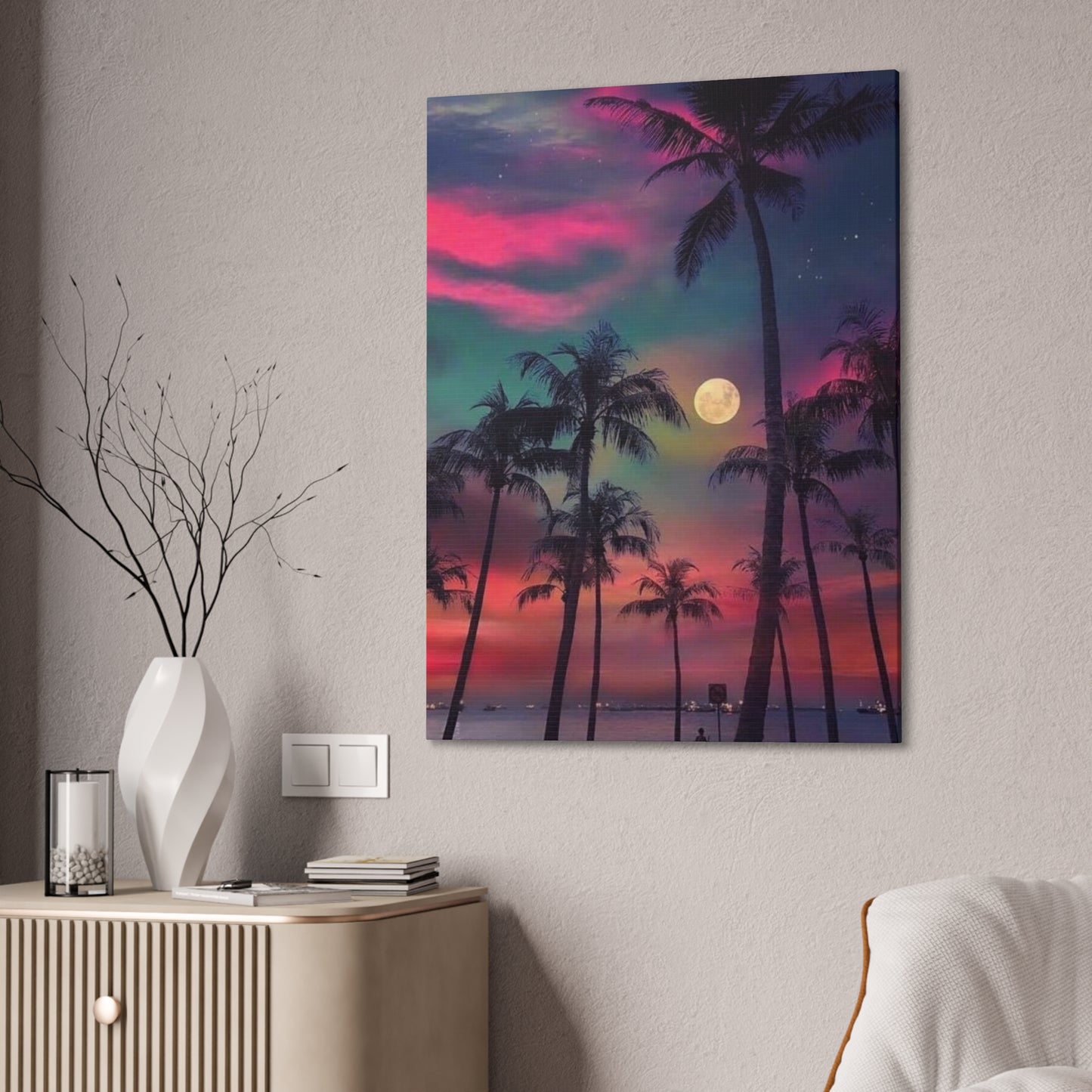 Moon Rise Palms - Canvas Stretched, 0.75"