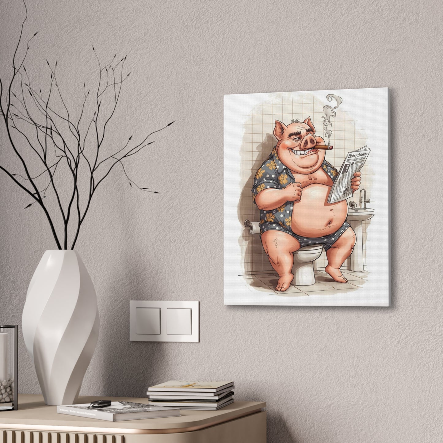 Oinker Reading the Paper -Canvas Stretched, 0.75" - Wall Art 2026 - Bathroom Humor