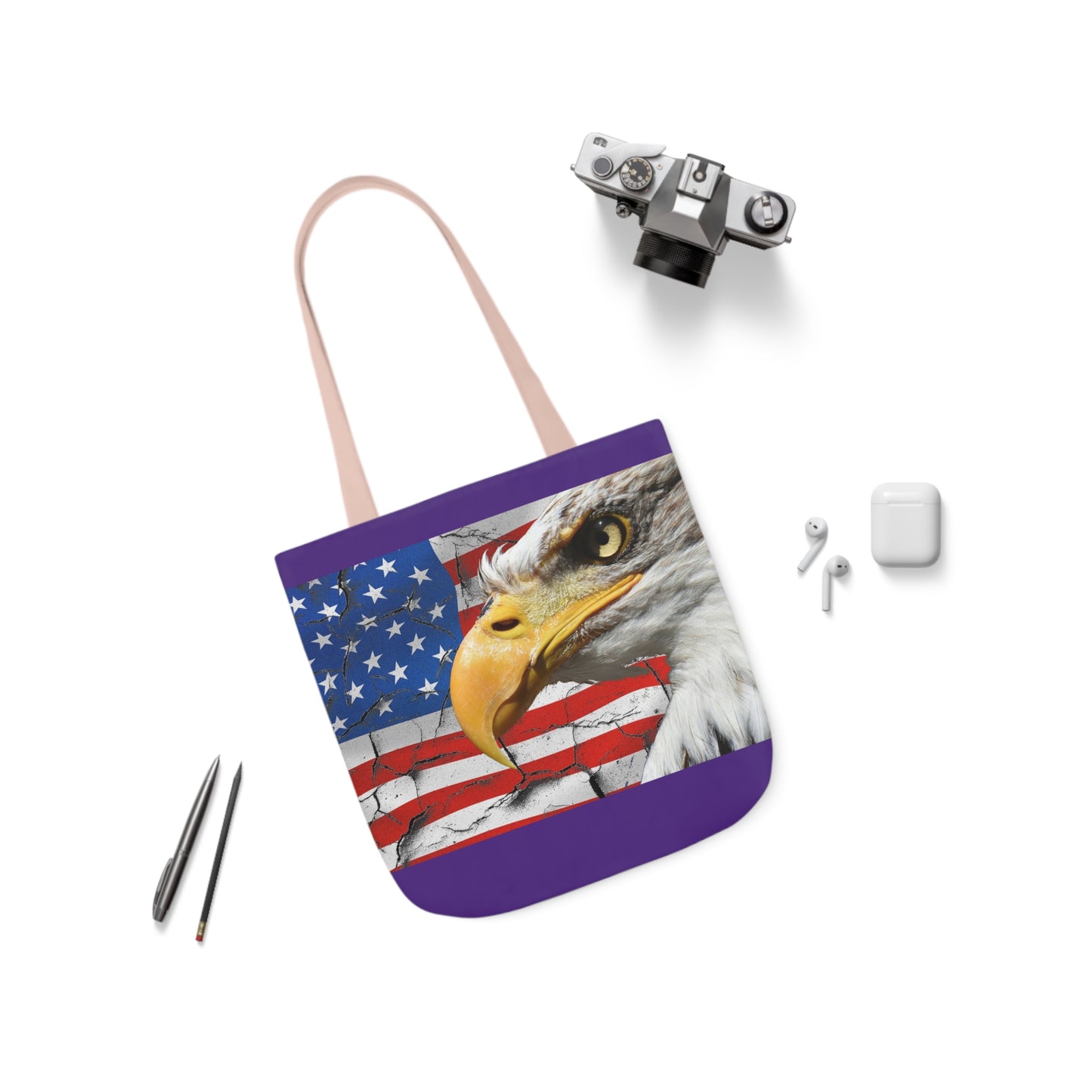 American Eagle - Canvas Tote Bag, 5-Color Straps - Patriotic