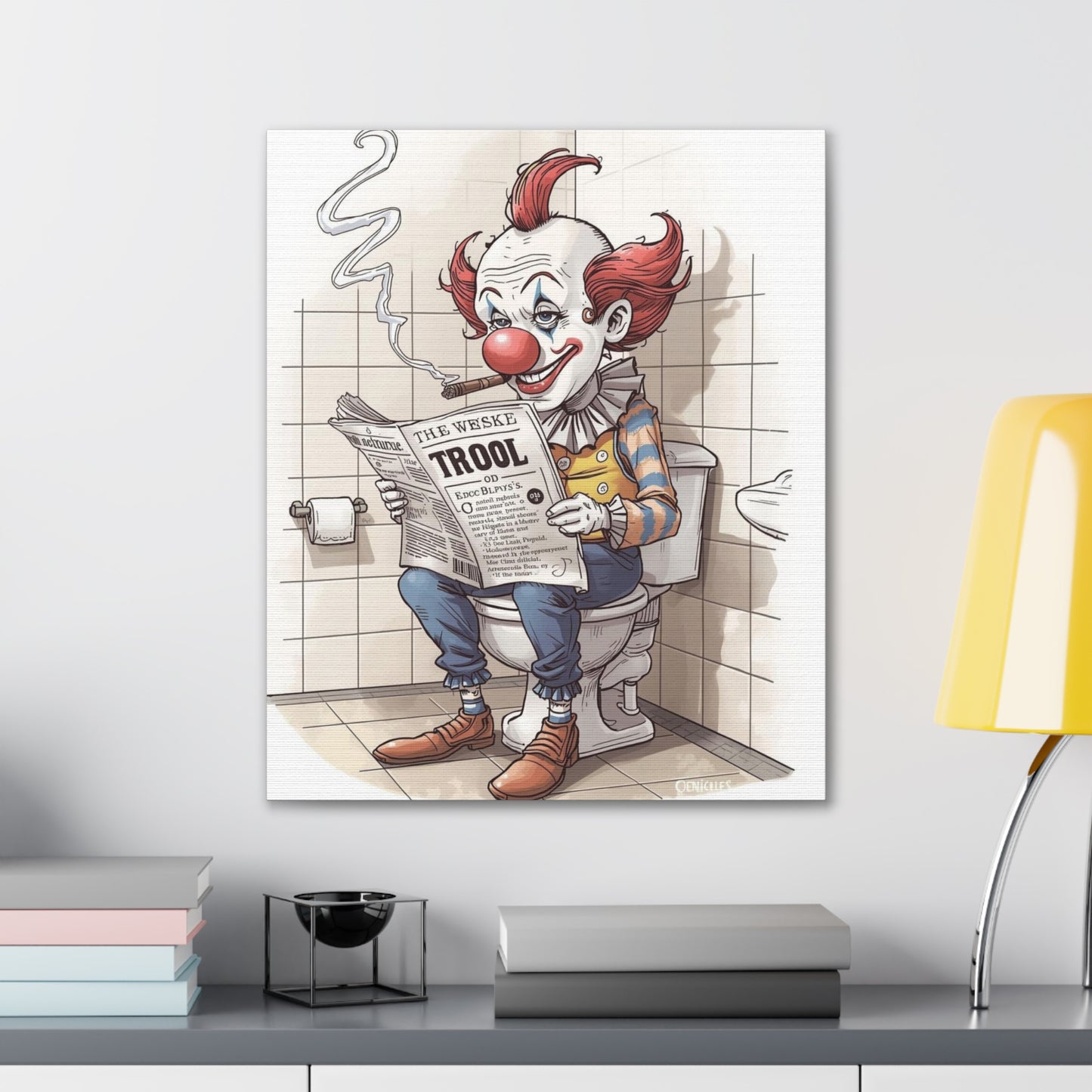 Clown Reading the Paper - Canvas Stretched, 0.75" - Wall Art 2026 - Bathroom Humor