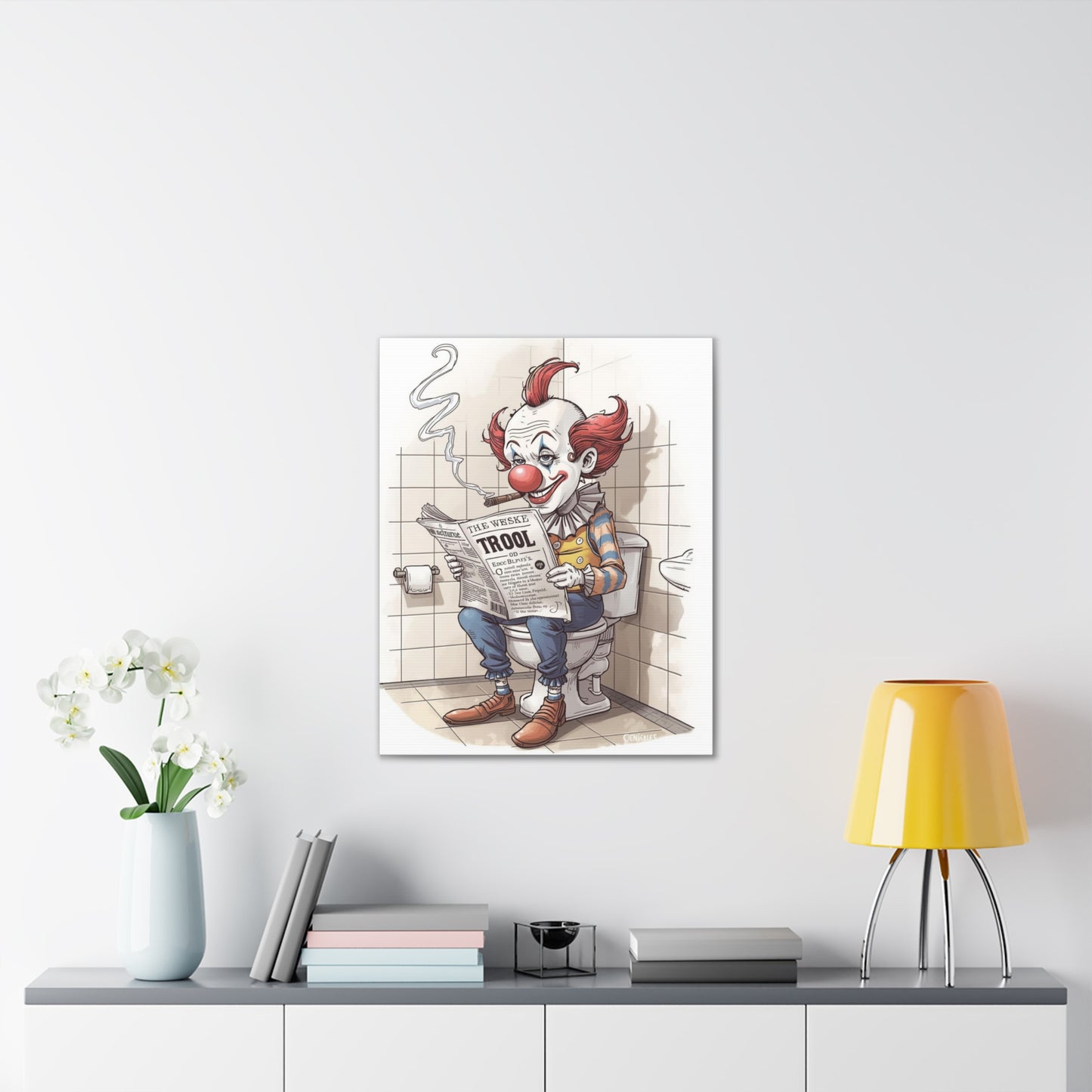 Clown Reading the Paper - Canvas Stretched, 0.75" - Wall Art 2026 - Bathroom Humor