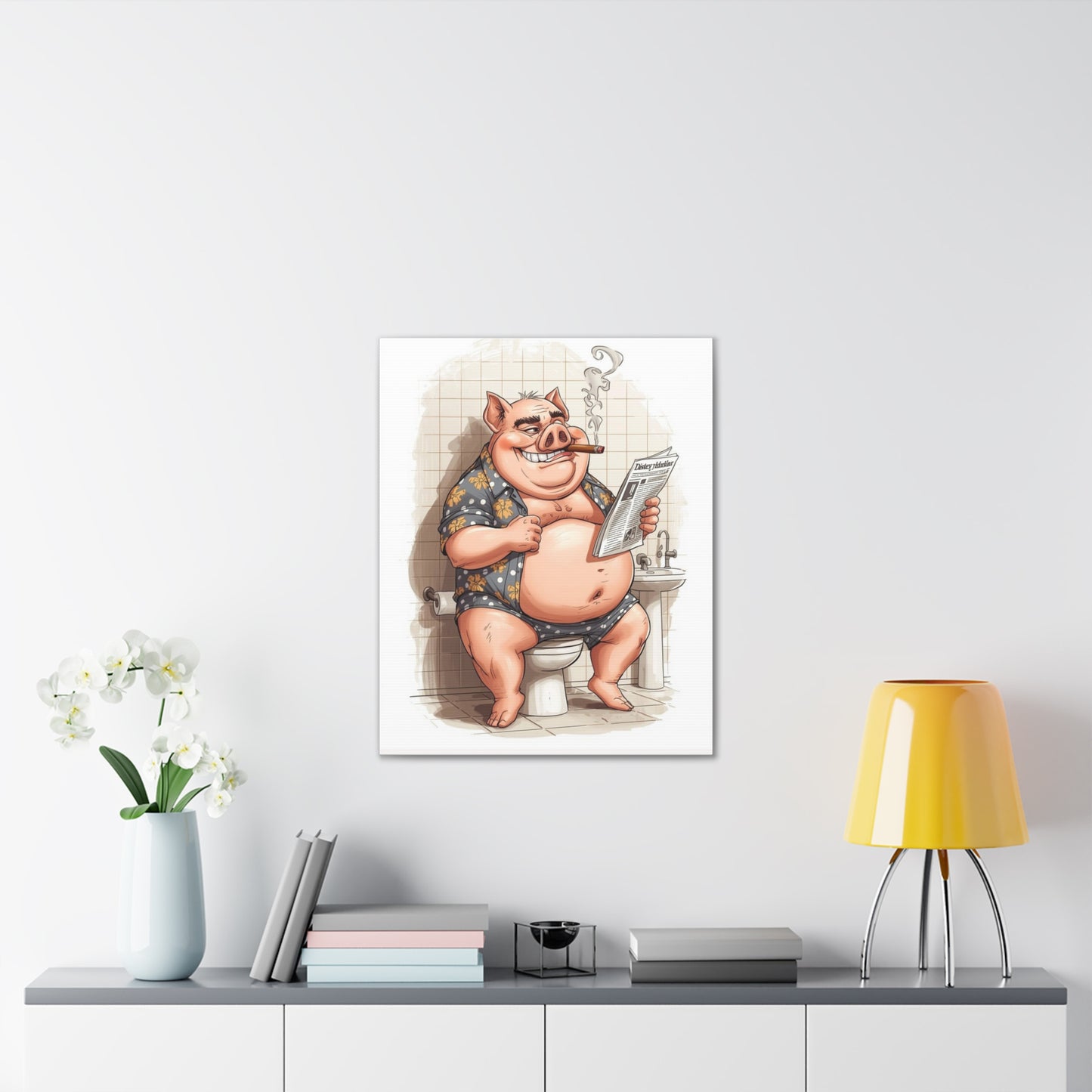 Oinker Reading the Paper -Canvas Stretched, 0.75" - Wall Art 2026 - Bathroom Humor