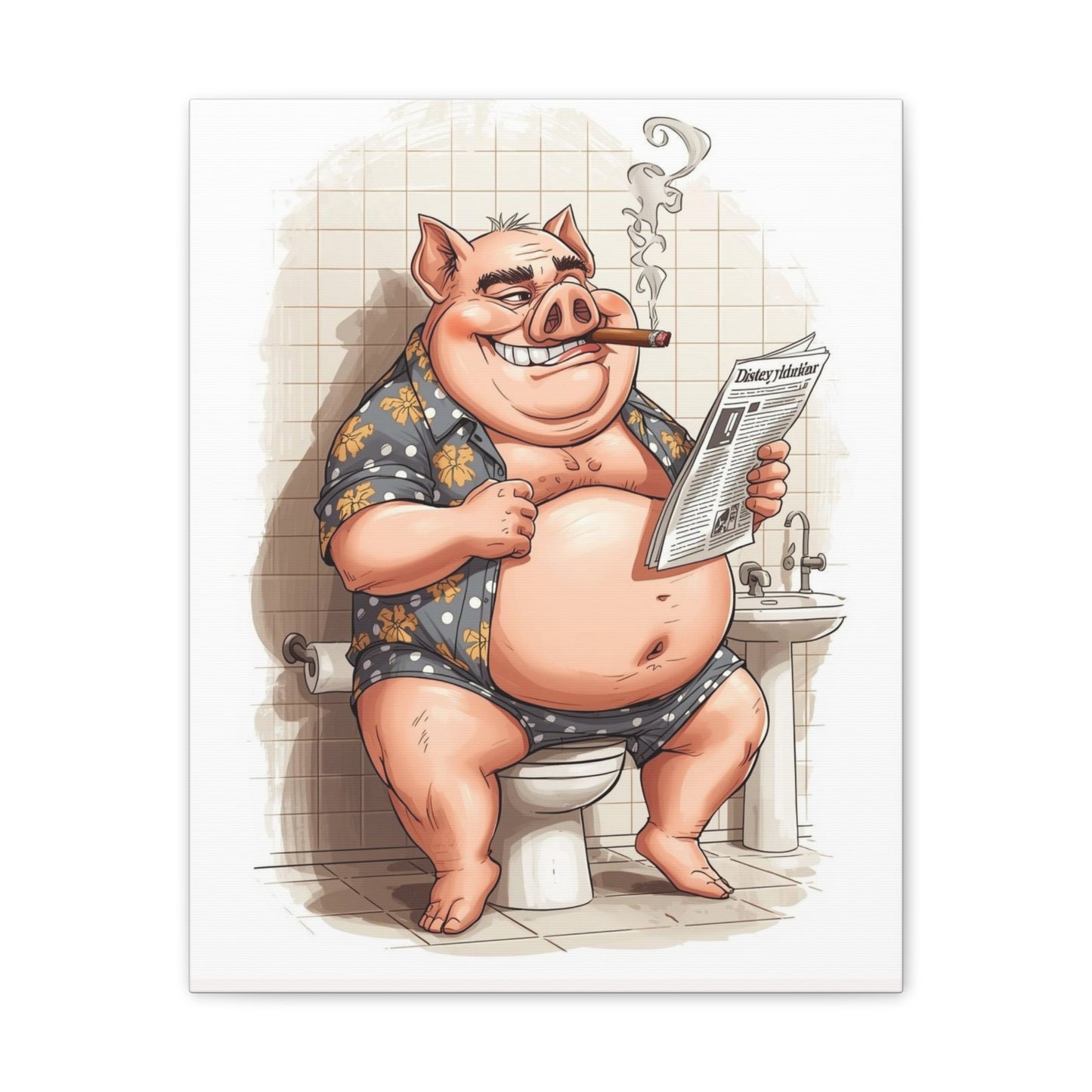Oinker Reading the Paper -Canvas Stretched, 0.75" - Wall Art 2026 - Bathroom Humor