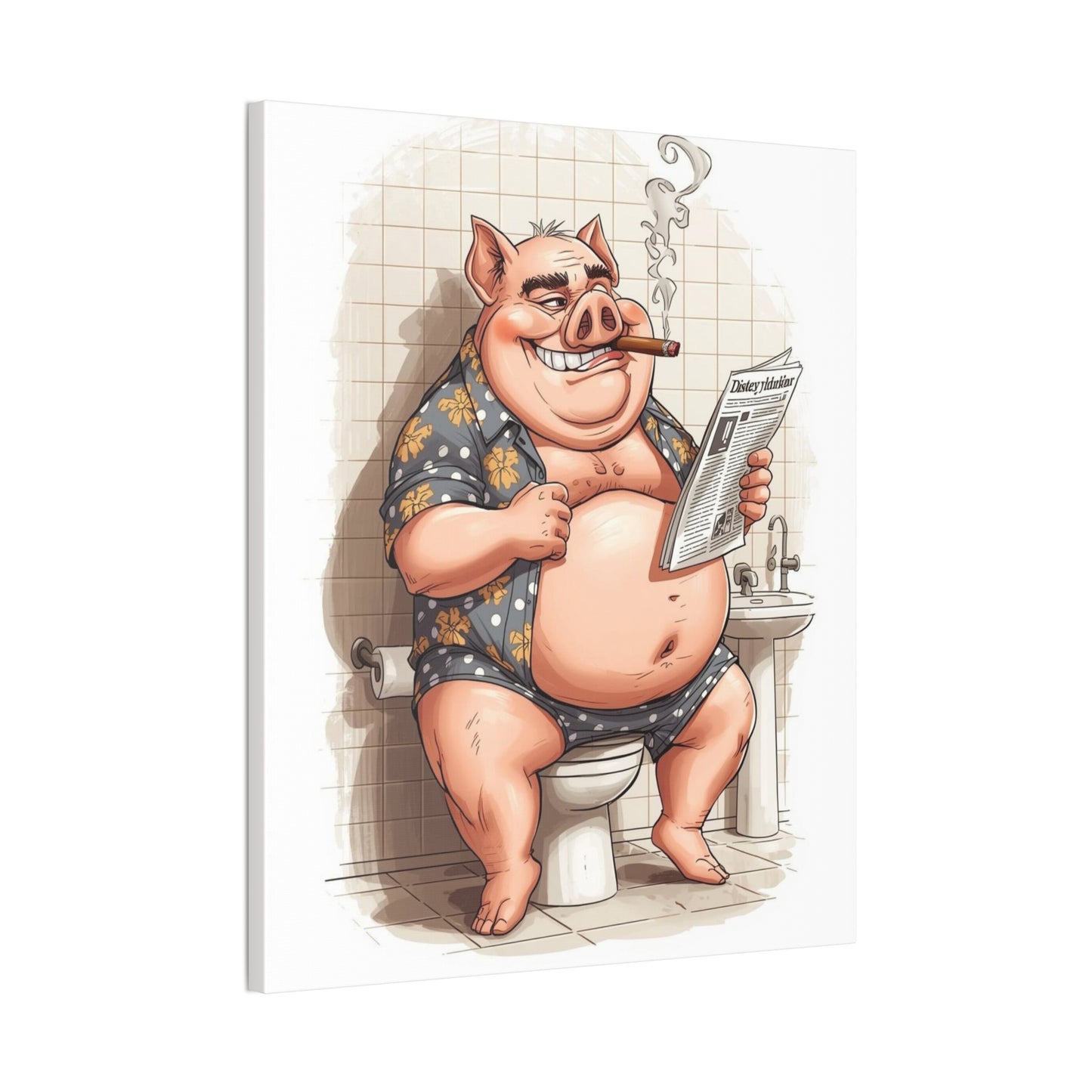 Oinker Reading the Paper -Canvas Stretched, 0.75" - Wall Art 2026 - Bathroom Humor