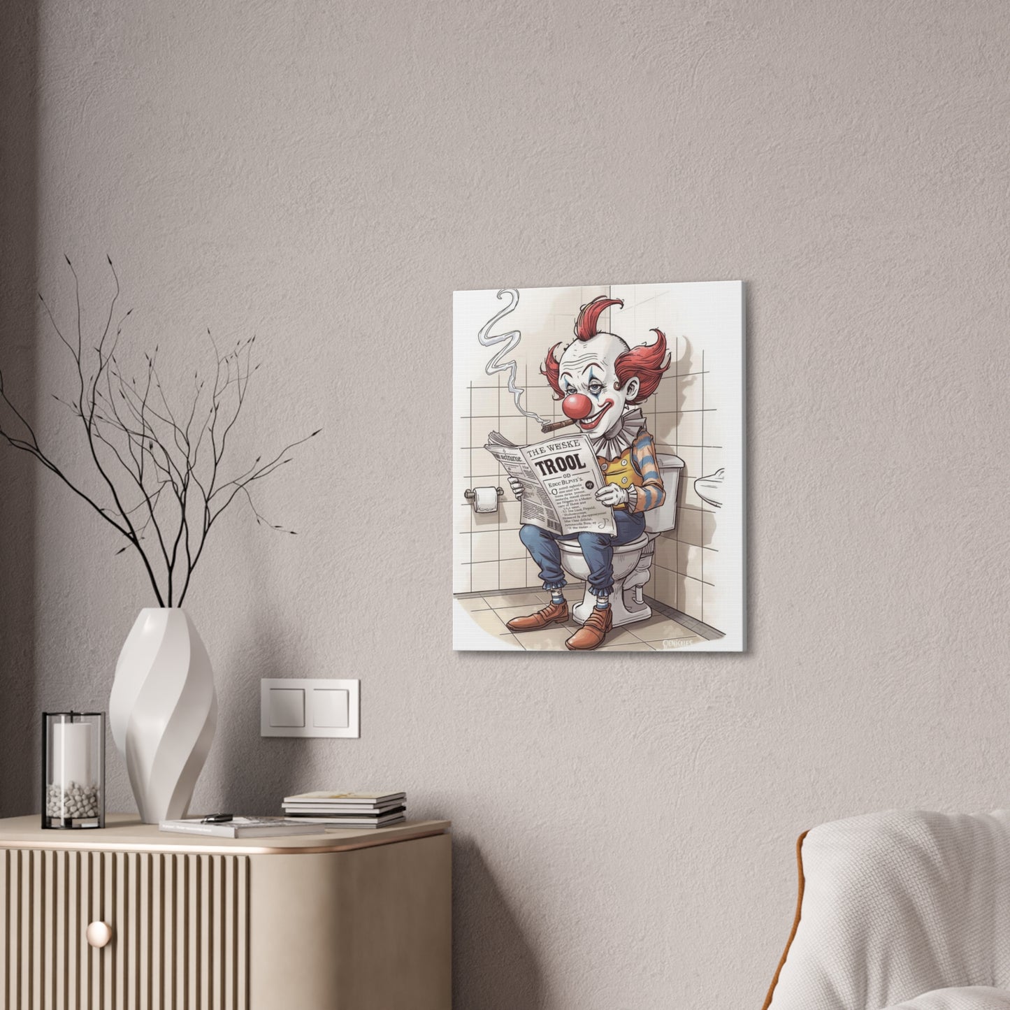 Clown Reading the Paper - Canvas Stretched, 0.75" - Wall Art 2026 - Bathroom Humor