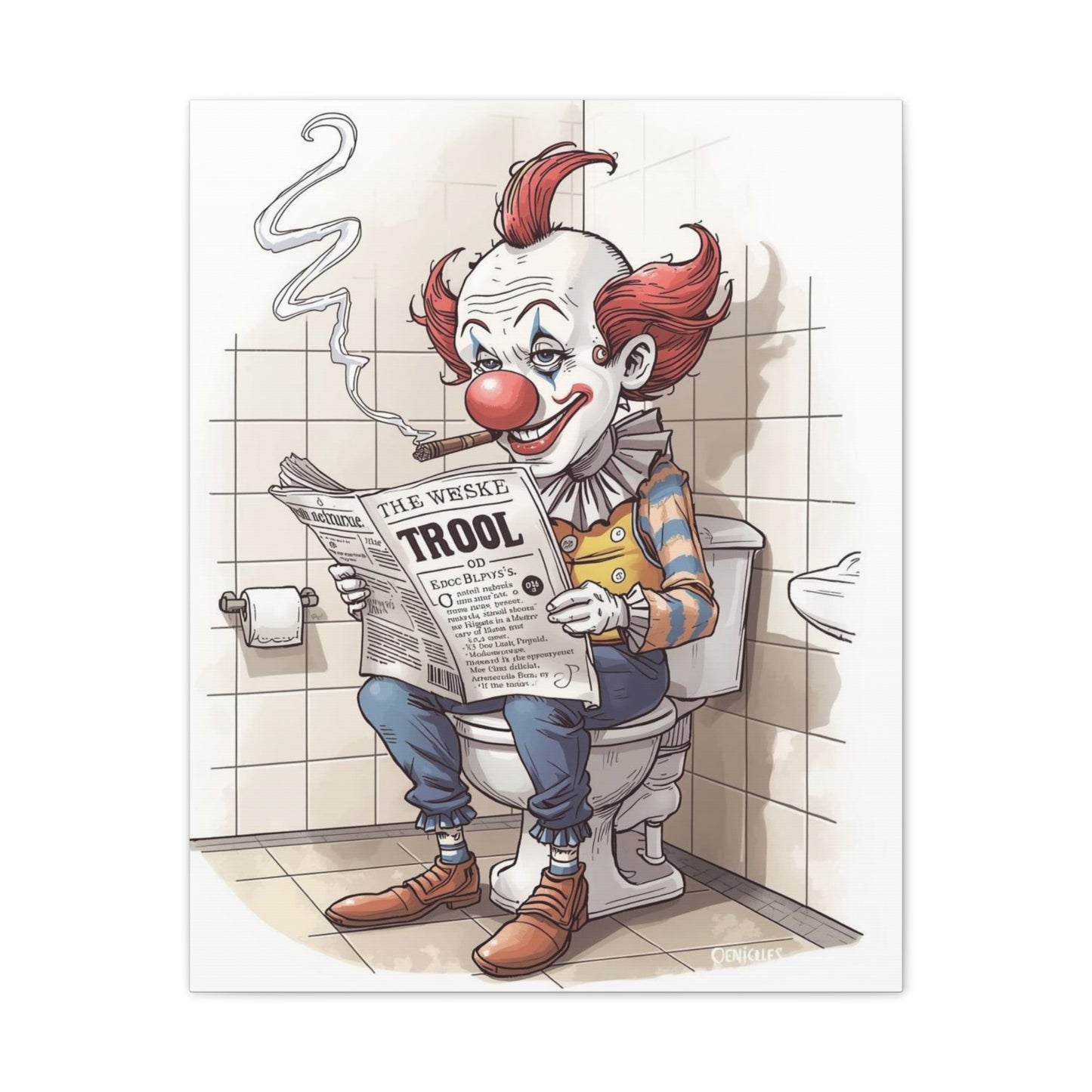 Clown Reading the Paper - Canvas Stretched, 0.75" - Wall Art 2026 - Bathroom Humor