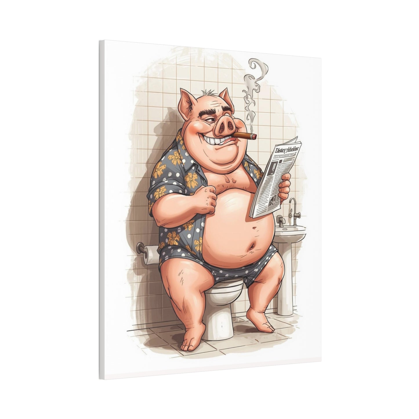 Oinker Reading the Paper -Canvas Stretched, 0.75" - Wall Art 2026 - Bathroom Humor