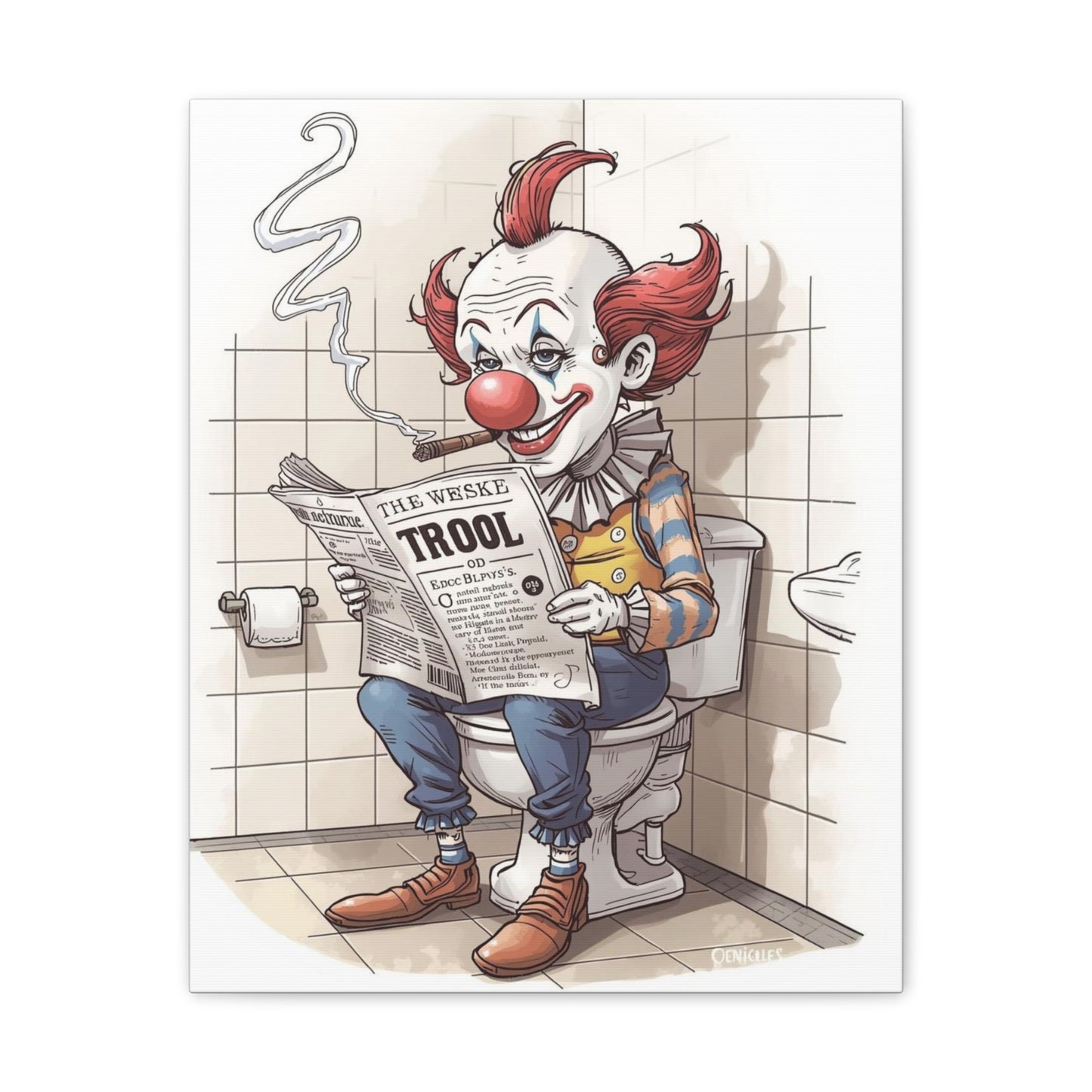 Clown Reading the Paper - Canvas Stretched, 0.75" - Wall Art 2026 - Bathroom Humor