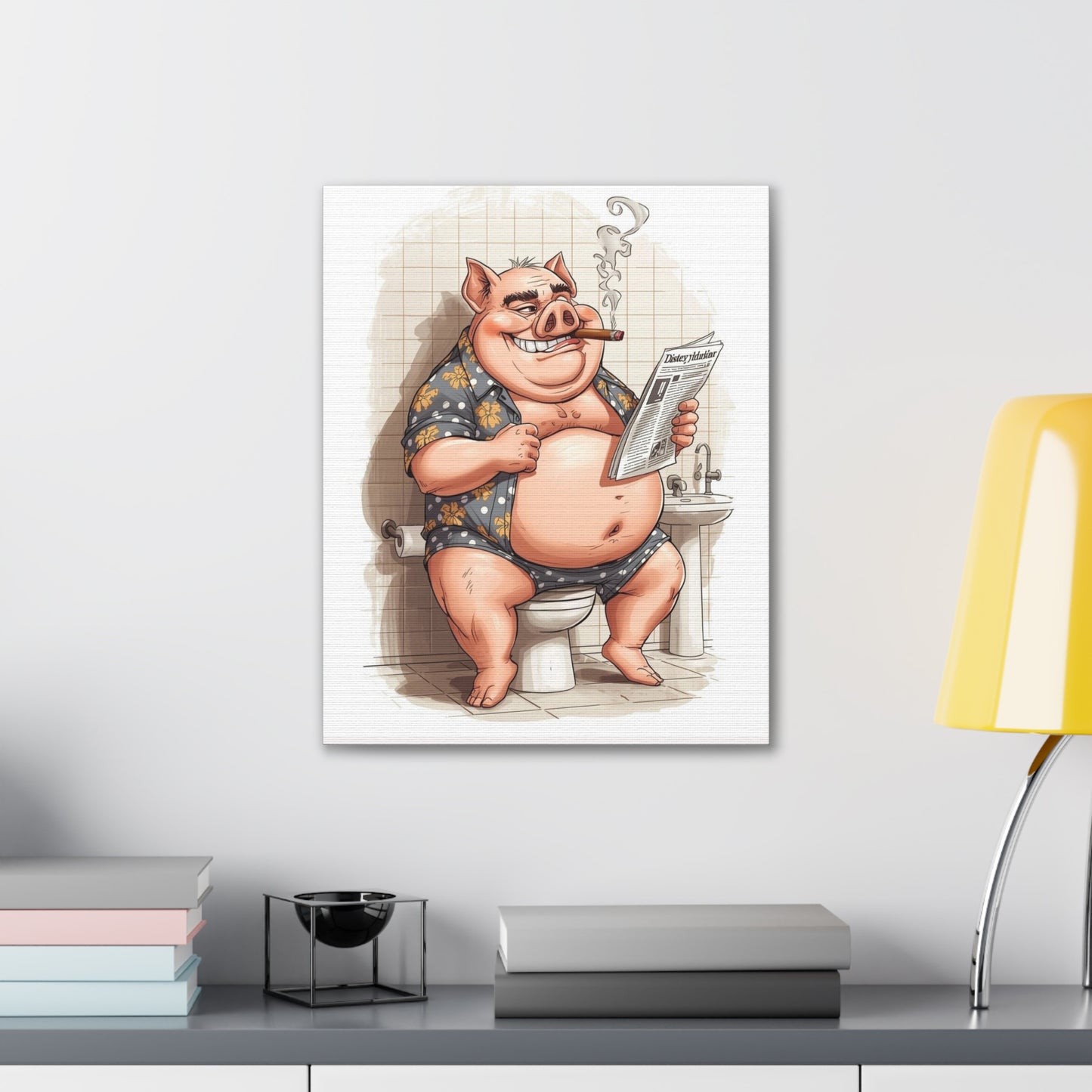 Oinker Reading the Paper -Canvas Stretched, 0.75" - Wall Art 2026 - Bathroom Humor
