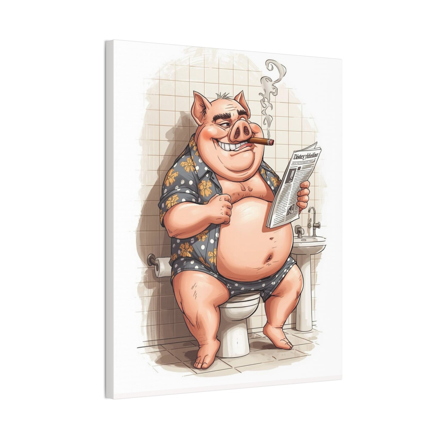 Oinker Reading the Paper -Canvas Stretched, 0.75" - Wall Art 2026 - Bathroom Humor