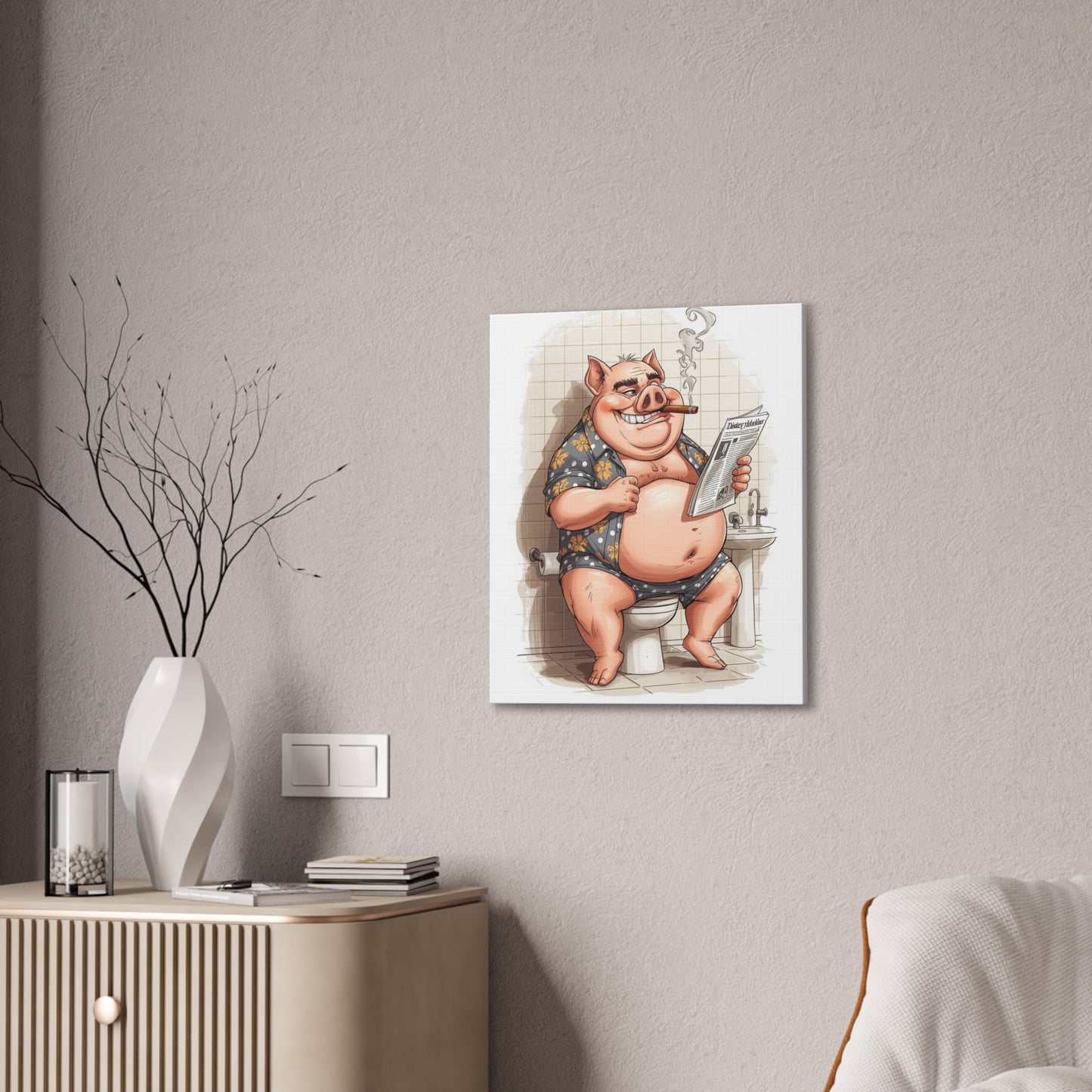 Oinker Reading the Paper -Canvas Stretched, 0.75" - Wall Art 2026 - Bathroom Humor
